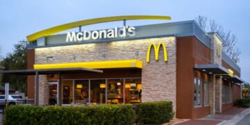 A nighttime closeup view of a McDonald's restaurant in Kissimmee, Florida, on Feb. 6, 2022.