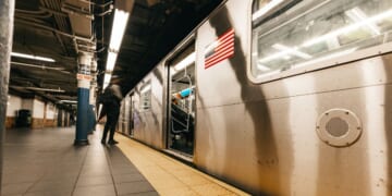 A subway train ready for departure in New York.