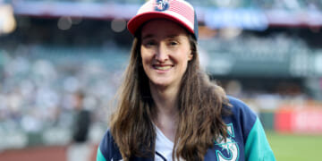 Seattle Mayor Katie Wilson looks on after the ceremonial first pitch before the game between the Seattle Mariners and the New York Yankees at T-Mobile Park on March 30, 2026 in Seattle, Washington. (Steph Chambers/Getty Images)