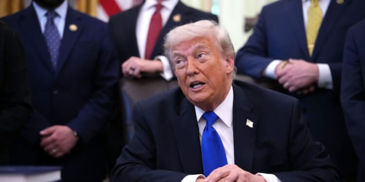 President Donald Trump speaks during an executive order signing in the Oval Office of the White House on April 30, 2026, in Washington, D.C.