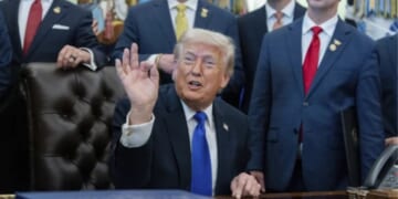 President Trump speaks in the Oval Office on April 30, 2026 flanked by administration officials.