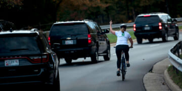 Juli Briskman shows her middle finger as a motorcade with US President Donald Trump on October 28, 2017.