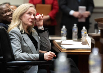 RICHMOND, VIRGINIA - MARCH 02: Gov. Abigail Spanberger becomes emotional during the investiture ceremony of Chief Justice Cleo E. Powell in the chamber of the Supreme Court of Virginia, on March 2, 2026 in Richmond, Virginia. Powell is the first African-American woman Chief Justice of the Virginia Supreme Court. (Photo by Mike Kropf-Pool/Getty Images)